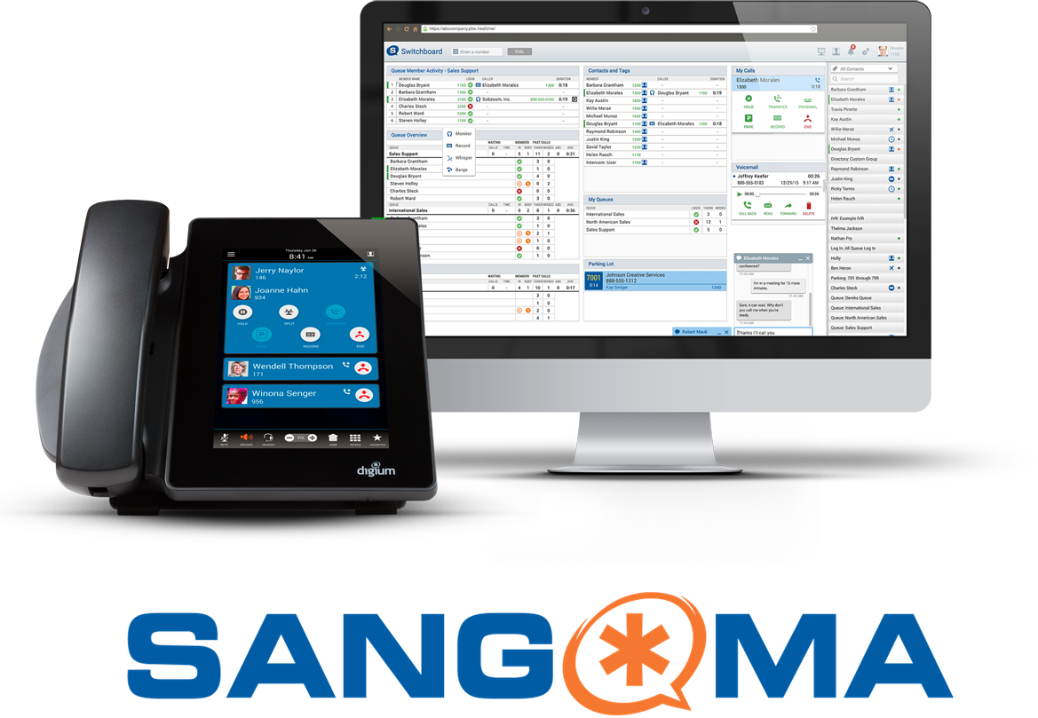 sangoma phone and dashboard with sangoma logo underneath