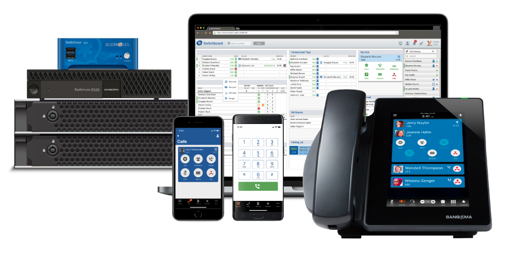 various devices showing sangoma software and sangoma phone and server equipment