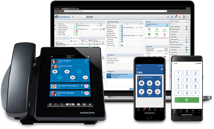 sangoma phone with sangoma apps on laptop and phones