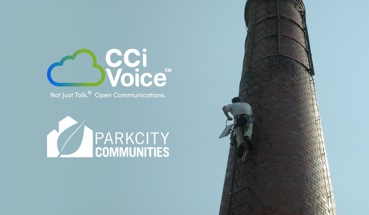 cci voice logo and park city communities logo on background of person climbing pole structure